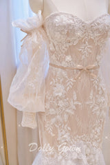 Exquiste Off The Shoulder Long Sleeve Lace Mermaid Wedding Dress - DollyGown