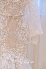 Exquiste Off The Shoulder Long Sleeve Lace Mermaid Wedding Dress - DollyGown