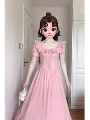 French Style Blush Pink Square Neck Vintage Dress - DollyGown
