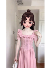 French Style Blush Pink Square Neck Vintage Dress - DollyGown