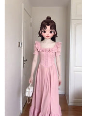 French Style Blush Pink Square Neck Vintage Dress - DollyGown