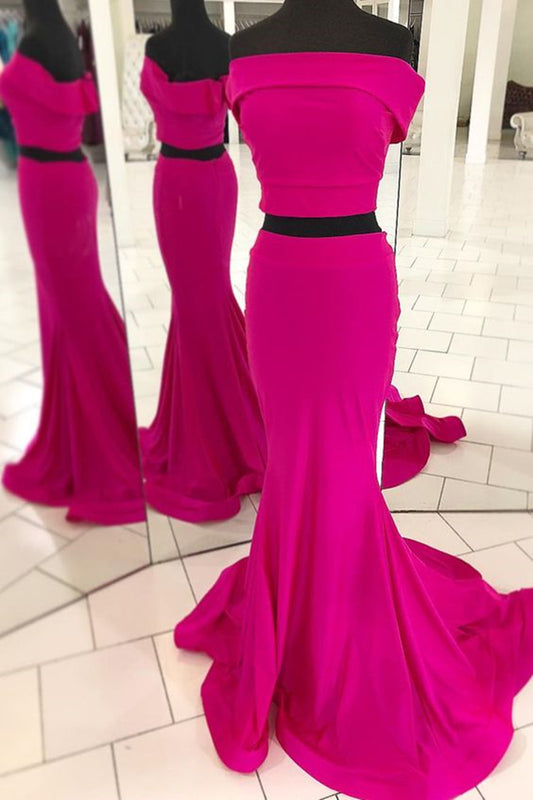 Fuchsia Off The Shoulder Two Piece Mermaid Prom Dress - DollyGown