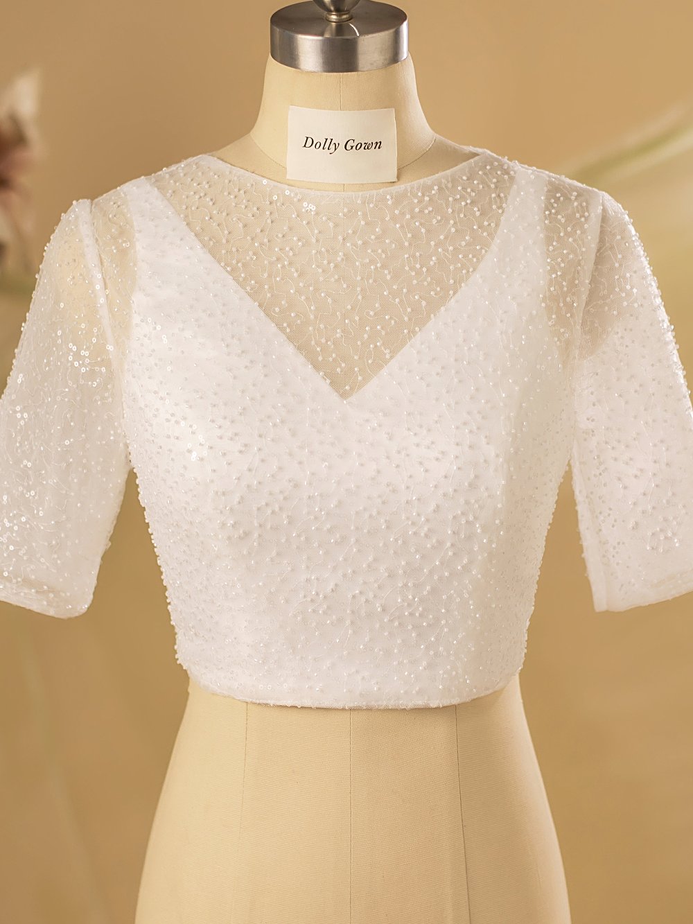 Gerilynn Illusion V-Neck Bead Bridal Top with Short Sleeves - DollyGown