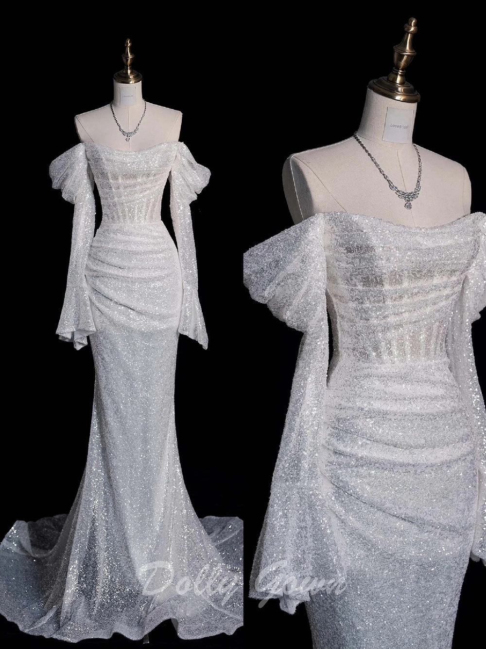 Glitter Corset Sheer Illusion Sequins Wedding Dress - DollyGown