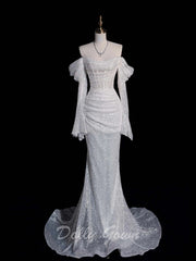 Glitter Corset Sheer Illusion Sequins Wedding Dress - DollyGown