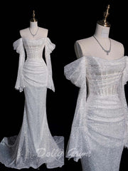 Glitter Corset Sheer Illusion Sequins Wedding Dress - DollyGown