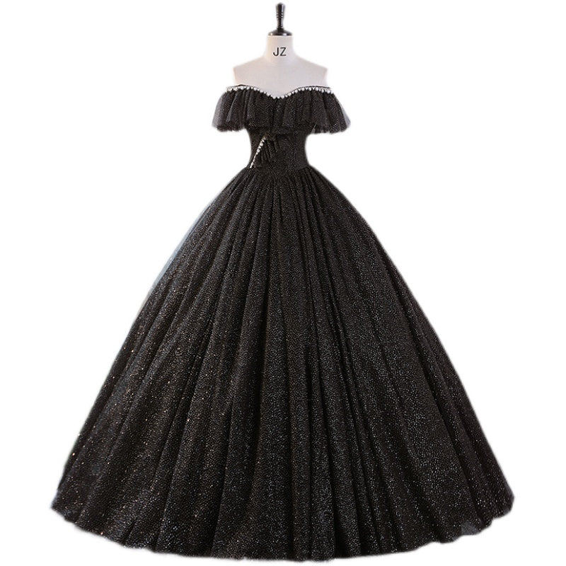 Glitter Off The Shoulder Ball Gown Black Gothic Sweet 16 Dress - DollyGown