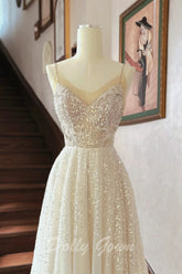 Glitter Spaghetti Strap A-line Sheer Wedding Dress - DollyGown