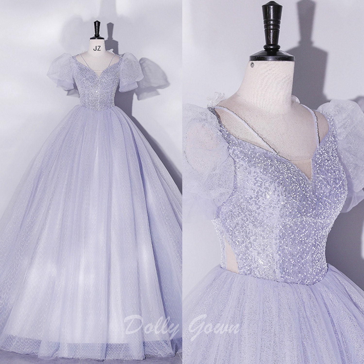 Glittler V-Neck Ball Gown Prom Dress with Short Bubble Sleeves - DollyGown