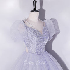 Glittler V-Neck Ball Gown Prom Dress with Short Bubble Sleeves - DollyGown