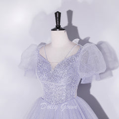 Glittler V-Neck Ball Gown Prom Dress with Short Bubble Sleeves - DollyGown