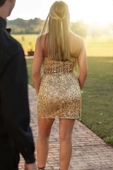 Gold Sequins Plunge-V Beads Tassels Homecoming Dress - DollyGown