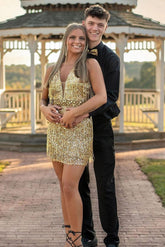 Gold Sequins Plunge-V Beads Tassels Homecoming Dress - DollyGown