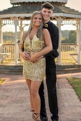 Gold Sequins Plunge-V Beads Tassels Homecoming Dress - DollyGown