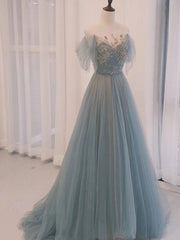Gray Blue Long Tulle Prom Dress with Sequin and Lace Details
