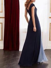Elegant Color Block V-Neck Sleeveless Floor-Length Spandex Chiffon Pleated Beaded Gown