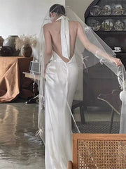 Halter Neck Column Low Back Silk Slip Wedding Dress