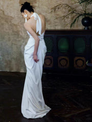 Halter Neck Sheath Low Back Silk Chiffon Bridal Gown with Delicate Flower