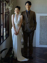 Halter Neck Sheath Low Back Silk Chiffon Bridal Gown with Delicate Flower