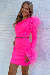 Hot Pink Feather One Shoulder Tight Fit Homecoming Dress - DollyGown