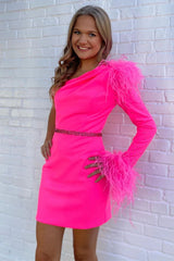 Hot Pink Feather One Shoulder Tight Fit Homecoming Dress - DollyGown