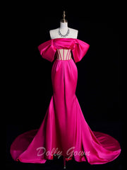 Hot Pink Off The Shoulder Satin Corset Prom Dress - DollyGown