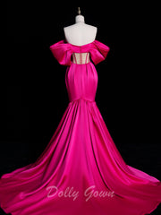 Hot Pink Off The Shoulder Satin Corset Prom Dress - DollyGown