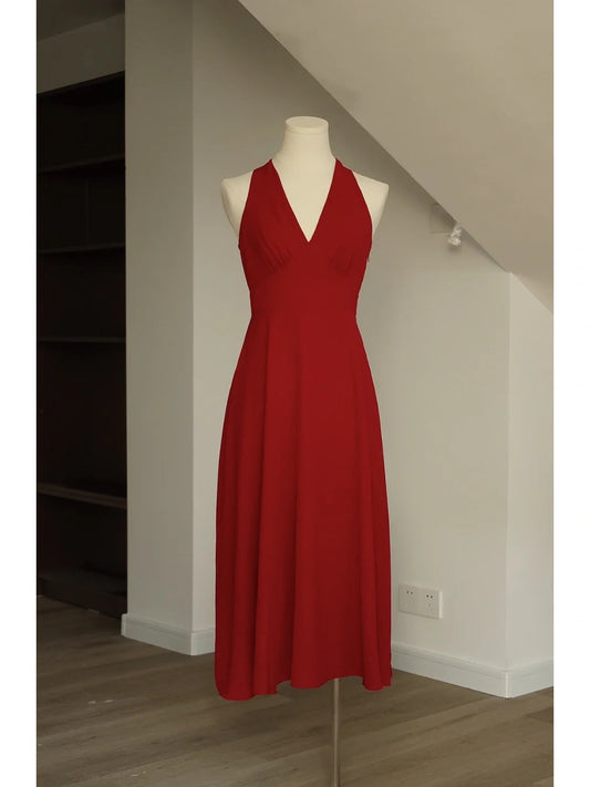 Red Halter Vintage inspired 50s Midi Dress - DollyGown