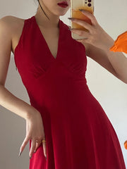 Red Halter Vintage inspired 50s Midi Dress - DollyGown