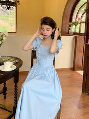 Blue Cotton Vintage inspired Swing Dress - DollyGown