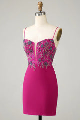 Fuchsia Beaded Bodycon Homecoming Dress, Spaghetti Strap Short Party Dress