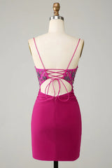Fuchsia Beaded Bodycon Homecoming Dress, Spaghetti Strap Short Party Dress