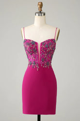 Fuchsia Beaded Bodycon Homecoming Dress, Spaghetti Strap Short Party Dress