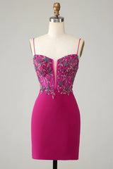 Fuchsia Beaded Bodycon Homecoming Dress, Spaghetti Strap Short Party Dress