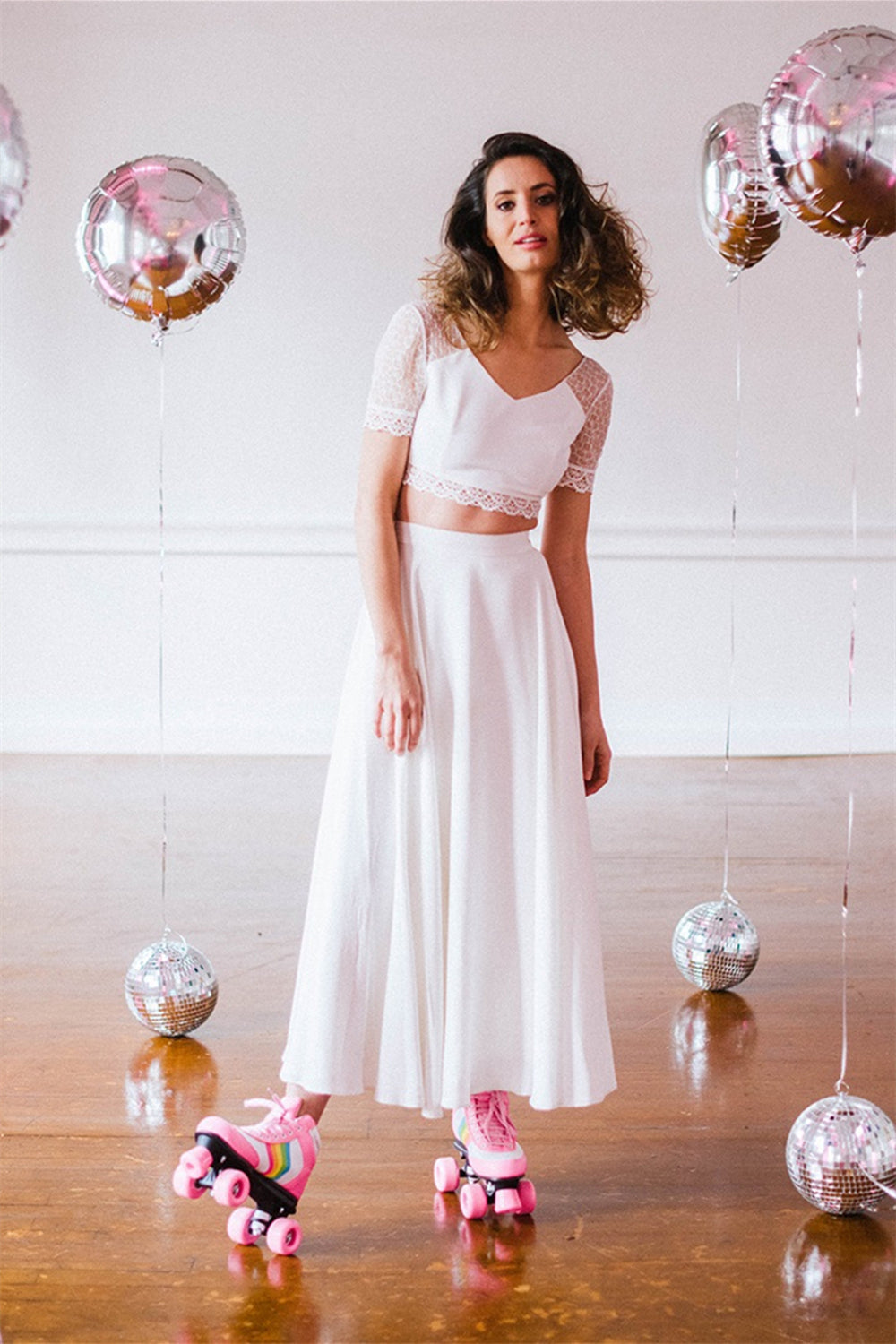 Informal Short Sleeve Two Piece Ankle Length Wedding Dress - DollyGown