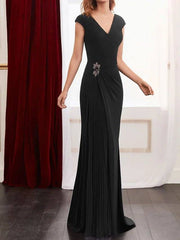 Elegant Color Block V-Neck Sleeveless Floor-Length Spandex Chiffon Pleated Beaded Gown