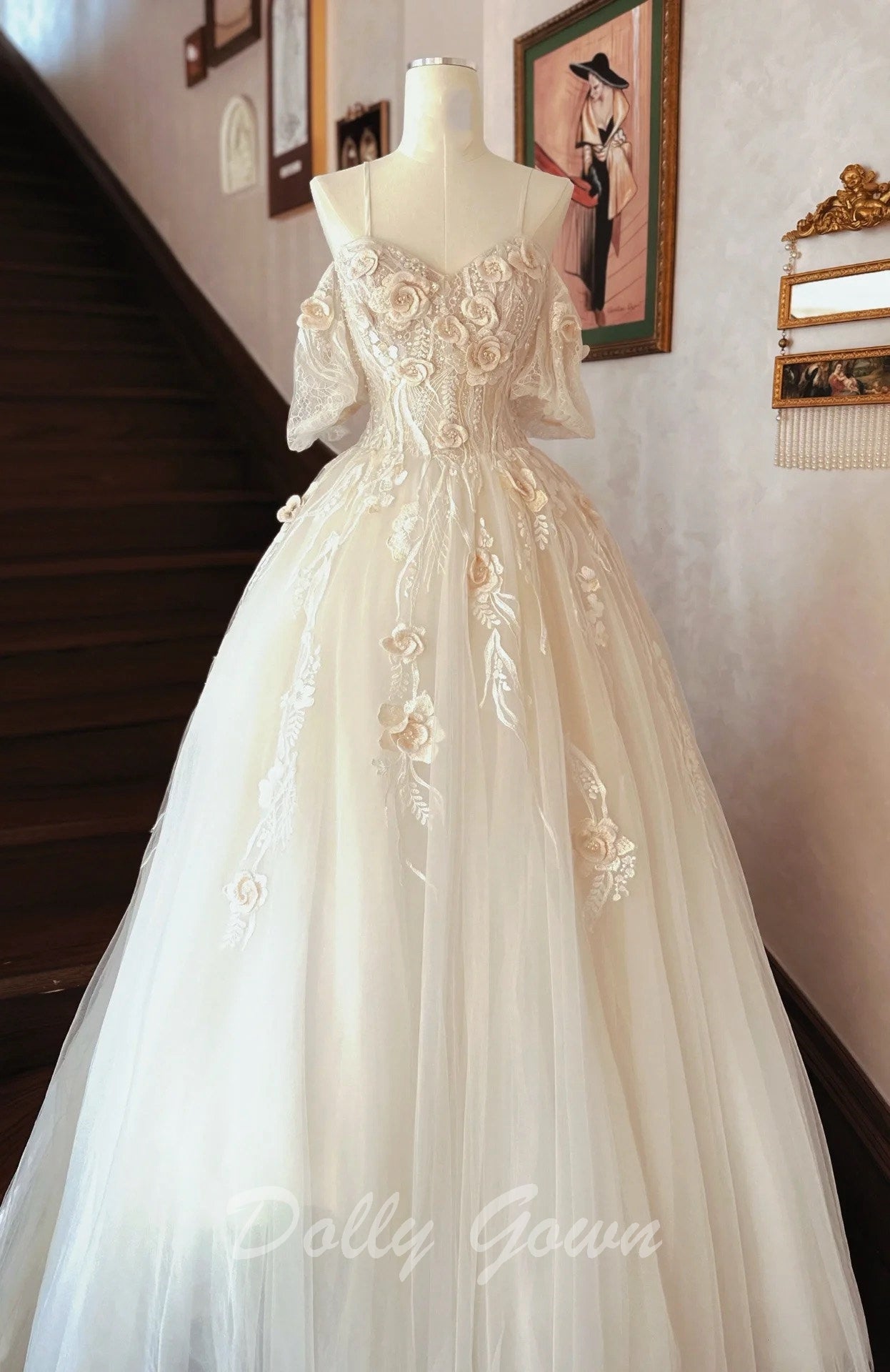 Exquisite Lace  Off The Shoulder Tulle Light Champagne Wedding Dress - DollyGown