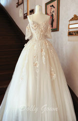Exquisite Lace Off The Shoulder Tulle Light Champagne Wedding Dress - DollyGown