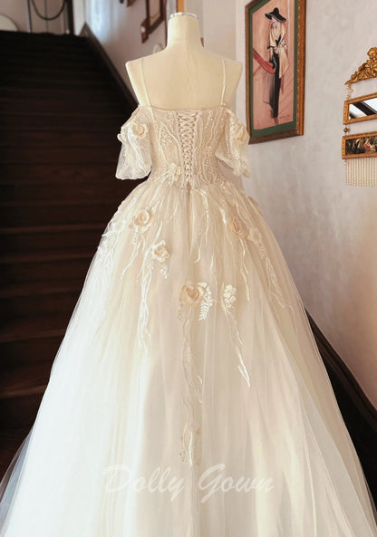 Exquisite Lace  Off The Shoulder Tulle Light Champagne Wedding Dress - DollyGown