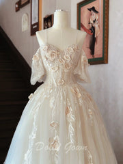 Exquisite Lace Off The Shoulder Tulle Light Champagne Wedding Dress - DollyGown