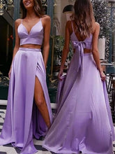 Lavender Two Piece Spaghetti Straps High Slit Prom Dress - DollyGown