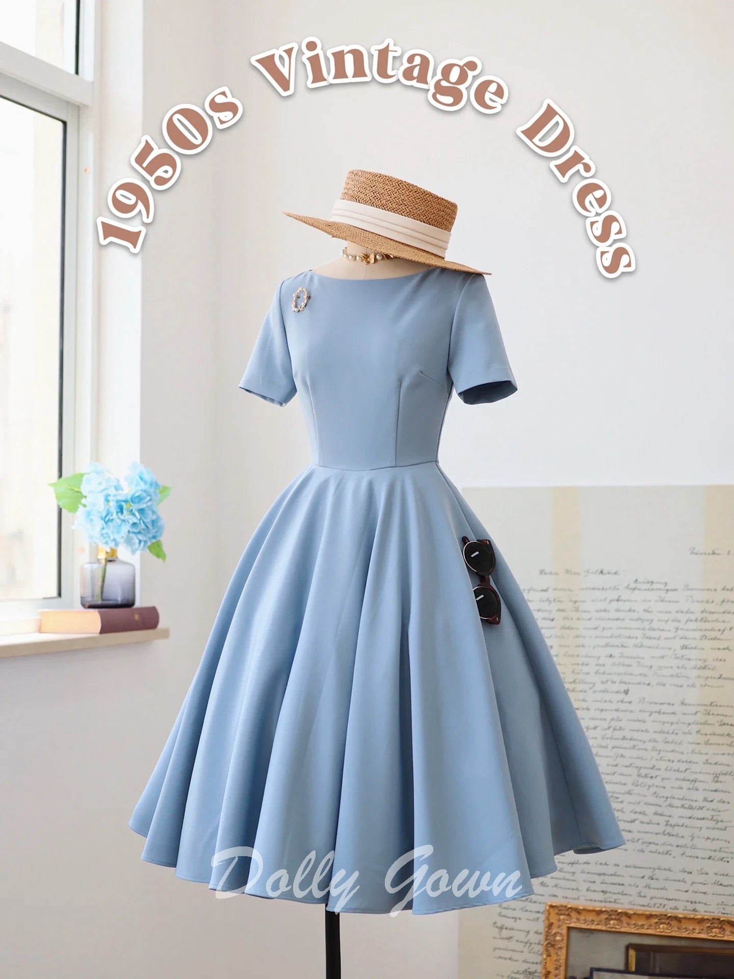 Light Blue Short 1950s Vintage Style Dress with Short Sleeves