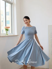 Light Blue Short 1950s Vintage Style Dress with Short Sleeves- DollyGown
