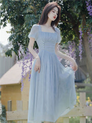 Light Blue Square Neck Vintage Summer Swing Dress - DollyGown