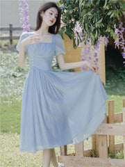 Light Blue Square Neck Vintage Summer Swing Dress - DollyGown