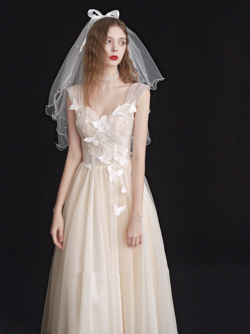 Light Champagne Ruched bodice Tulle Tea Length Wedding Dress - DollyGown