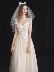 Light Champagne Ruched bodice Tulle Tea Length Wedding Dress - DollyGown