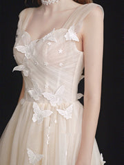 Light Champagne Ruched bodice Tulle Tea Length Wedding Dress - DollyGown