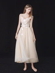 Light Champagne Ruched bodice Tulle Tea Length Wedding Dress - DollyGown