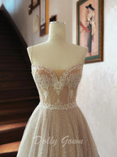Light Champagne See Through Lace Spaghetti Strap Wedding Dress - DollyGown